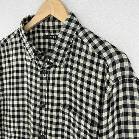 THEORY Shirt Mens XL Cotton Wool Gauze Gingham Check Button Up Double Face Black - Picture 5 of 16